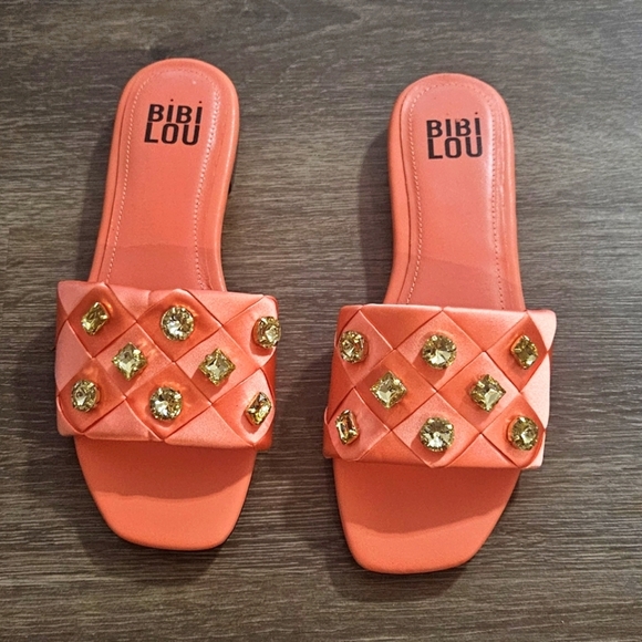BIBI LOU x Anthropologie satin woven embellished Square toe Orange Sandals - Picture 7 of 16